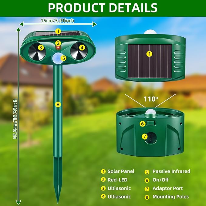 2 Pack Solar Ultrasonic Animal Repeller Outdoor Deer Repellent Devices Motion Activated Cat Deterrent for Yard Garden IP65 Waterproof Ultrasonic Pest Repellent for Squirrel Raccoon Dog Skunk Rabbit