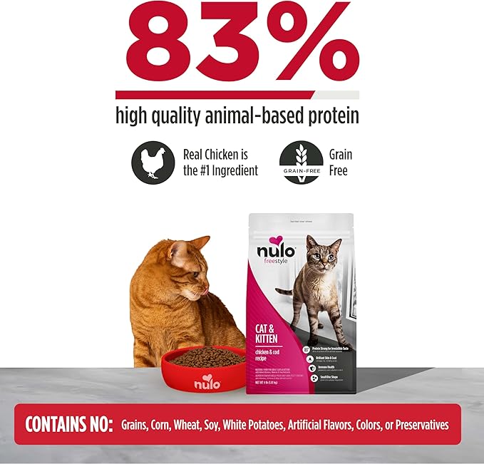 Nulo Freestyle Cat & Kitten Dry Food - Chicken & Cod Recipe, High Protein Grain Free Cat Food, Natural Kibble with Probiotics & Omega Fatty Acids, 14lb Bag
