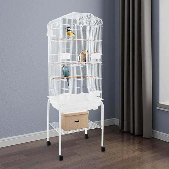 54 inch Metal Bird Cage,Large Parakeet Cages for Parrot,Cockatiel, Lovebird,Birdcage with Wheels,Roof Top,Storage Shelf (White)