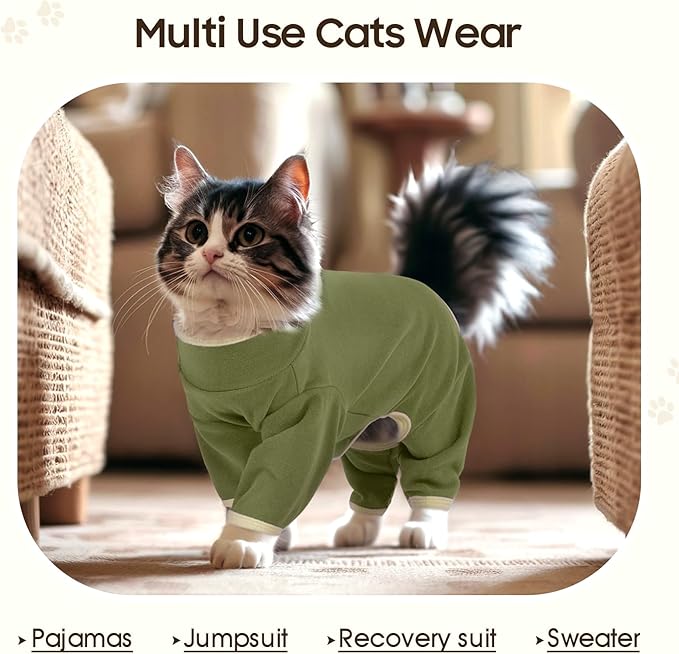 DENTRUN Cat Clothes for Hair Control with Hair Sticky Fabric - Soft Recovery Suit & Breathable Lint-Resistant Cat Sweater for Cats Only, Kitten Onesie Pajamas, S, Army Green