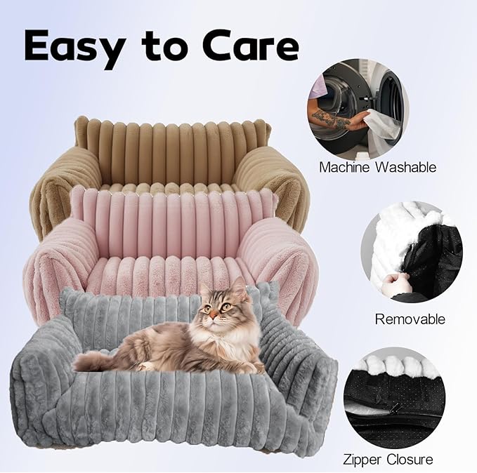 Cat Couch for Pets - Cute Cat Beds for Indoor Cats with Removable Cover, Washable Soft Corduroy Plush, Fluffy Supportive Pet Sofa Chair for Small Dog & Cats, 30 inch Brown