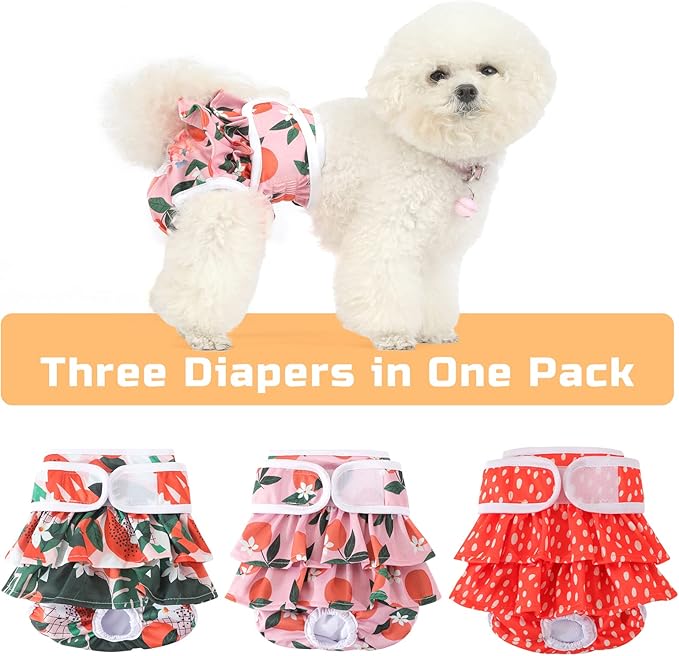 Reusable Dog Diapers Female 3 Pack Washable Premium Highly Absorbent Doggie Diapers, Flexible Puppy Diapers, Durable Leak-Proof Fruit Dog Diapers for Period Heat Incontinence Puppy Training, S