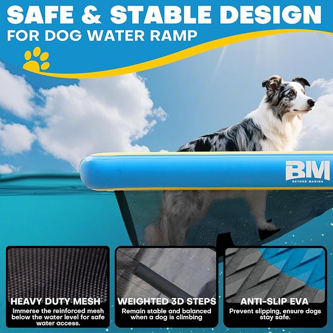 Beyond Marina Dog Pool Ramp, PUP ON! Inflatable Dog Water & Boat Ramp for Lake & Dock, Floating Pontoon Dock Ladder with Non-Slip EVA Platform, Extra Large 4 ft x 3.3 ft, Blue/Yellow, Supports 200 lbs