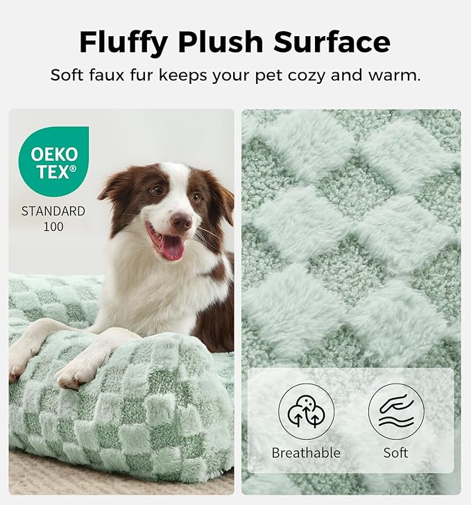 Made4Pets Cat and Dog Indoor Couch Bed, Soft Faux Fur Checkered Pet Sofa, Cozy Fluffy Pet Sofa with Supportive Foam, Removable Washable Cover with Non-Slip Base, Sage Green, Medium