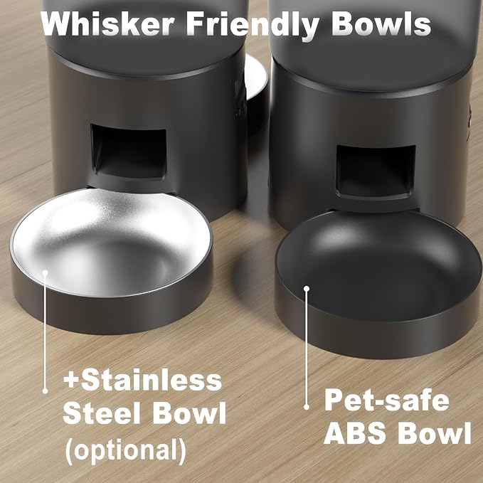 Automatic Cat Feeder for 2 Cats, 4.2L Dual Food Dispenser, Up to 6 Meals/Day, Portion Control, Voice Message, Dual Power Options (Transparent+Black, Dual Stainless Steel Bowls)