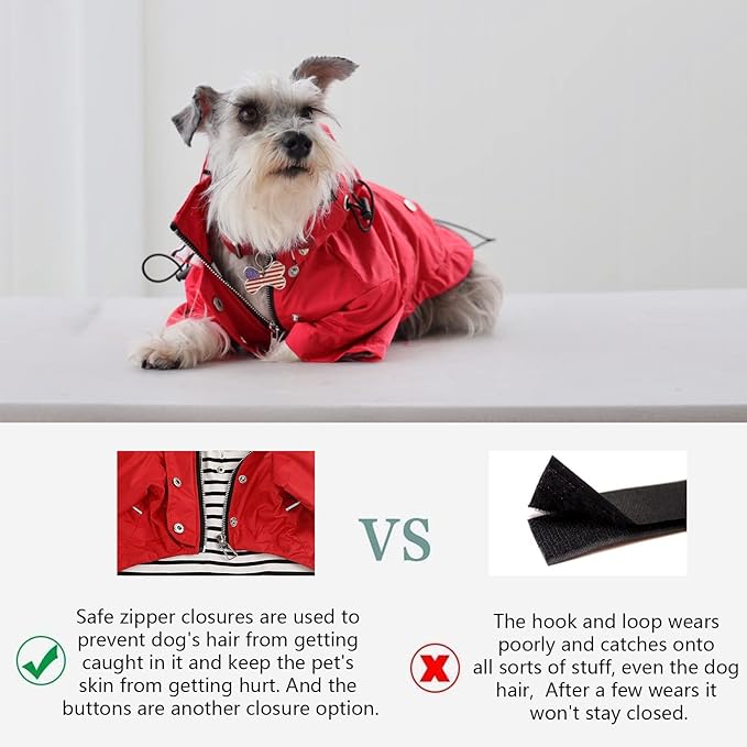 Dog Zip Up Raincoat with Reflective, Rain/Water Resistant, Adjustable Drawstring, Removable Hood, Raincoats with Legs 8lbs to 80lbs Available - Red - Small