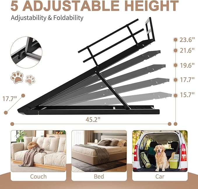 SLSY Dog Ramp for Bed, Couch & SUV, Upgraded Folding Adjustable Pet Ramp with Non-Slip Rubber Mat, 45.2" Long, 5 Heights 15.7''–23.6", Portable Wooden Step Supports up to 200 lbs for Dogs and Cats