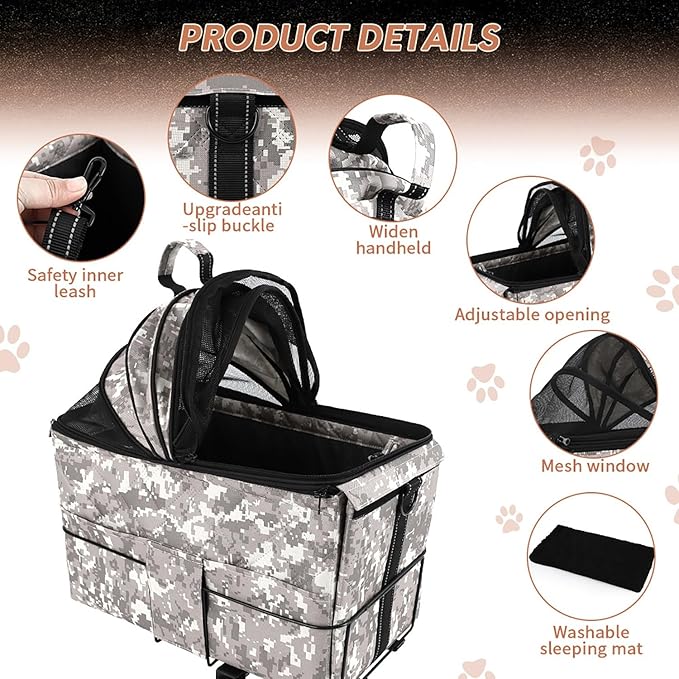 Bike Pet Carrier Rear Basket | Multi - Use As Backpack & Car Seat Cover | Sturdy Metal Frame