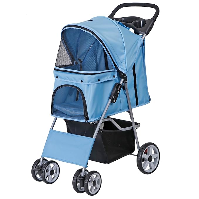 4 Wheels Pet Stroller, Foldable Dog Cat Stroller for Small Medium Dogs Cats, Travel Carrier with Storage Basket and Cup Holder, Waterproof and Lightweight (Blue)