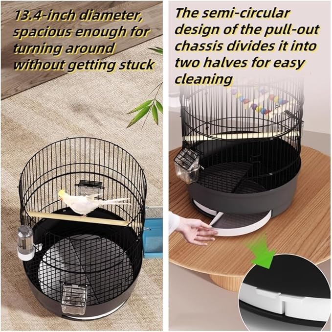 Bird Cage with Wire Mesh, Round Iron Bird Cage, Indoor Parrot Cage, for Small Parrots Parakeets Cockatiels(Black)
