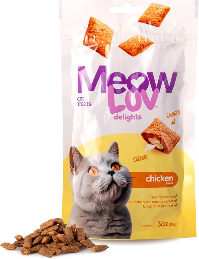 Ultra Chewy Meow Luv Delights Crunchy Cat Treats with Creamy Center - Chicken Flavor - Premium Cat Snacks - Soy-Free Recipe - Healthy Treats for Indoor Cats - 8 Pack