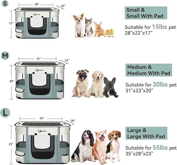 Dog Playpen,Cat Pet Puppy Pen,Portable Playpens for Dogs Indoor Outdoor Travel Camping Use,Foldable Dog Kennel Tent Crate for Rabbit Small Animals with Carrying Case (Grey with Pad, Small)