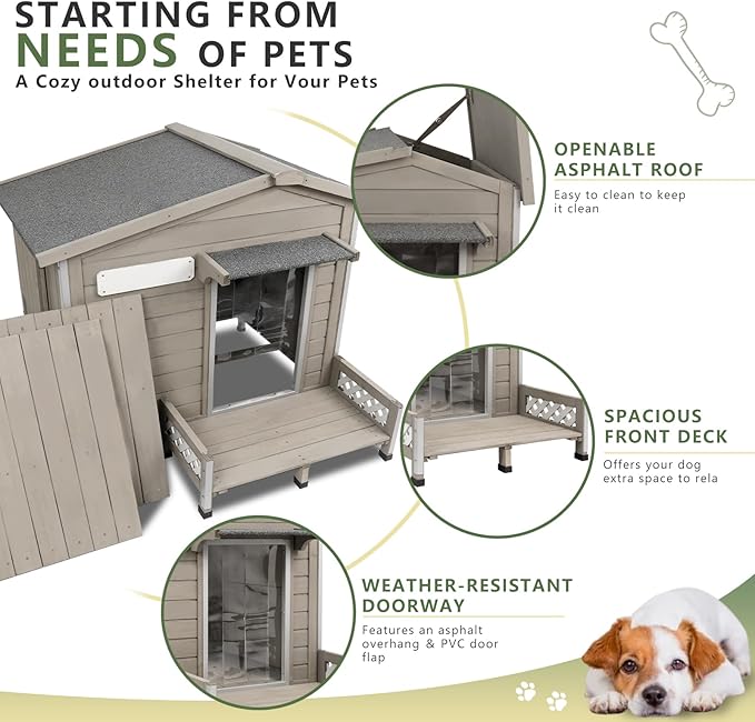 Dog House Outdoor Wooden Dog Kennel Outdoor Weatherproof Chew-Proof Iron Frame, Removable Floor and Adjustable Window for Large Dogs(Gray, 34.6" L x 25.6" W x28.2 H)