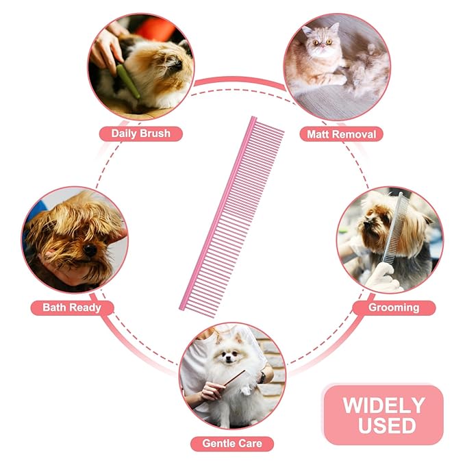 Dog Cat Comb, Pet Combs Stainless Steel Teeth with Rounded Ends for Knots Mats Loose Hair Removal, 6.5/7.5IN (Pink Coated, 2 Pack), Grooming Tool Intended for Long Curly Hair Pet