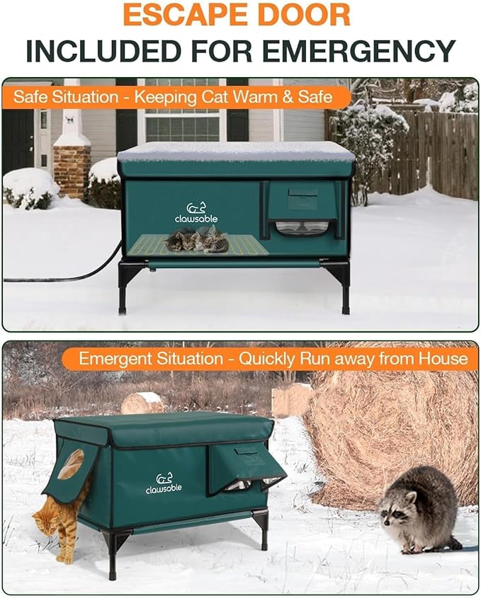 Indestructible Heated Cat House for Outside Winter, 100% Waterproof, Safe Escape Door, Insulated Outdoor Cat Shelter with Heater for Feral Barn Cat Kitty (Forest Green, 13"x17"x18")