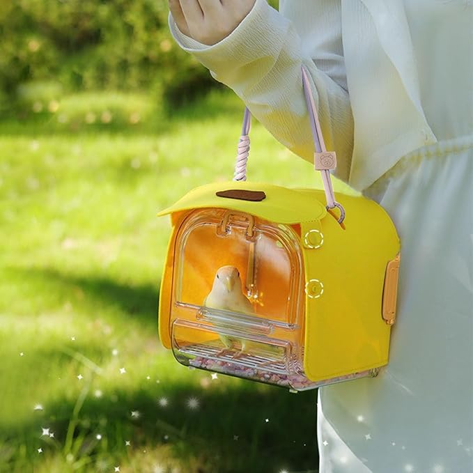 Portable Plastic Bird Cages for Outdoor, Lightweight Ventilated Travel Bird Cage with Handle, Waterproof Bird Carrier for Small Birds and Budgies, Easy to Carry (Yellow)