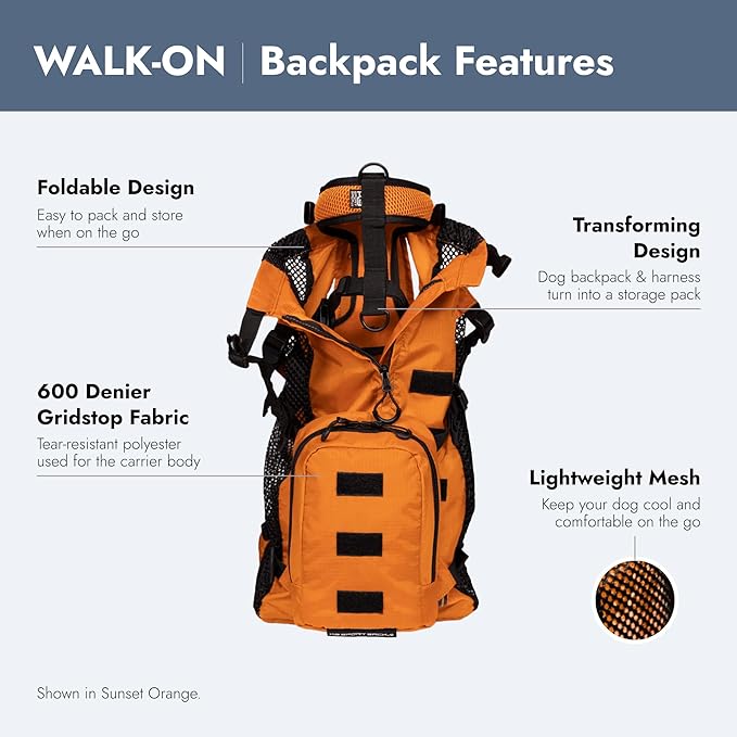 K9 Sport Sack Walk-On - X-Small, Sunset Orange - Ideal for Dogs with 9-12” Back Length - Lightweight, Packable, Backpack-Style Carrier - Includes Compatible Harness & Storage Bag