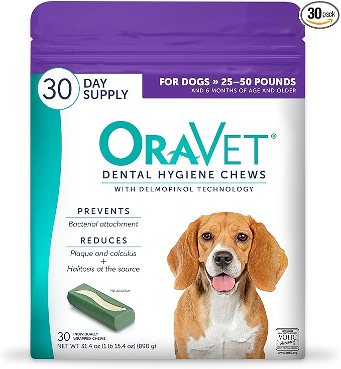 ORAVET Dental Chews for Dogs, Oral Care and Hygiene Chews (Medium Dogs, 25-50 lbs.) Purple Pouch, 30 Count