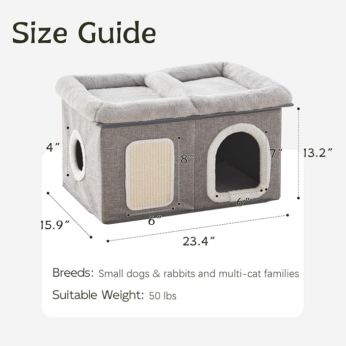 WINDRACING Cat Beds for Indoor Cats - Extra Wide Cats House for Pet and Foldable Kitten Cave Bed with Scratch Pad, Cat Hideaway Condo for Kitten, 23.4x15.9x13.2 inches, Light Grey