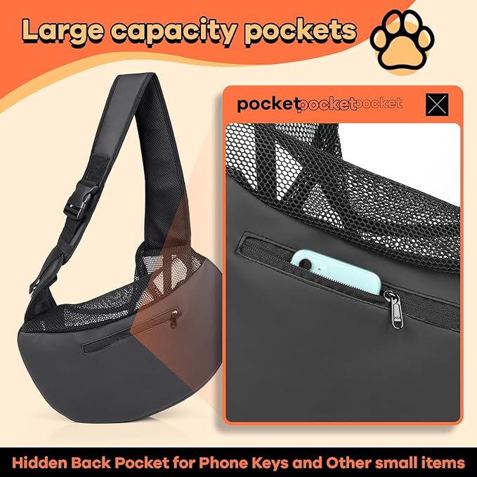 YUDODO Pet Sling Carrier for 2-5 lbs Small Dogs & Cats – Hands-Free Puppy Carrier with Safety Hook, Large Zipper Pocket, Soft Breathable Mesh, Adjustable Strap & Reflective Strip (Black 3.0 S)