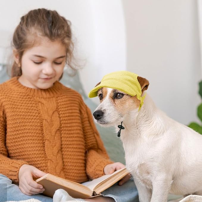 Dog Baseball Cap, Dog Cat Summer Beach Visor Hat with Ear Holes, Adjustable Puppy Sunbonnet Headdress (Yellow, Small)
