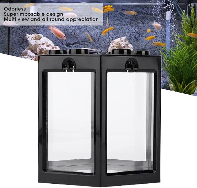 Small Betta Fish Tank Hex Shape Stackable Mini Aquarium Tank Portable Plastic Fish Bowl for Small Fish, Shrimp, Crab, Spide (Black)
