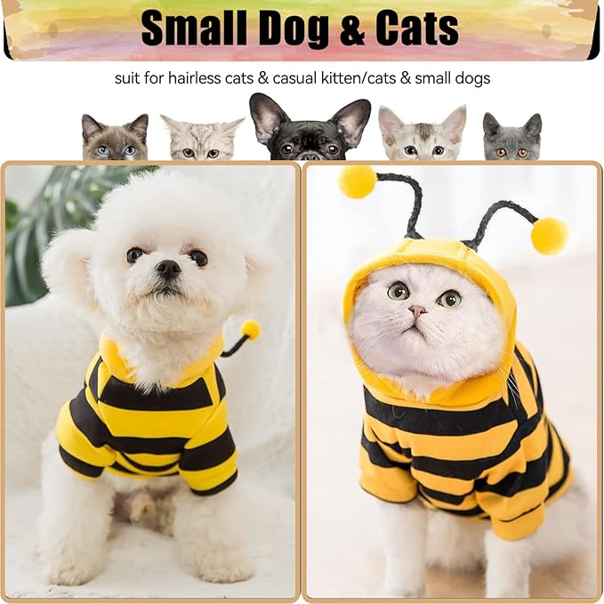 DENTRUN Sphynx Hairless Cats Costume Funny Bee Warm Winter Sweater Cute Pullover Kitten Shirts Breathable Cat Leisure Wear Turtleneck Vest Adorable Cat's Clothes Jacket Pajamas Jumpsuit, XL