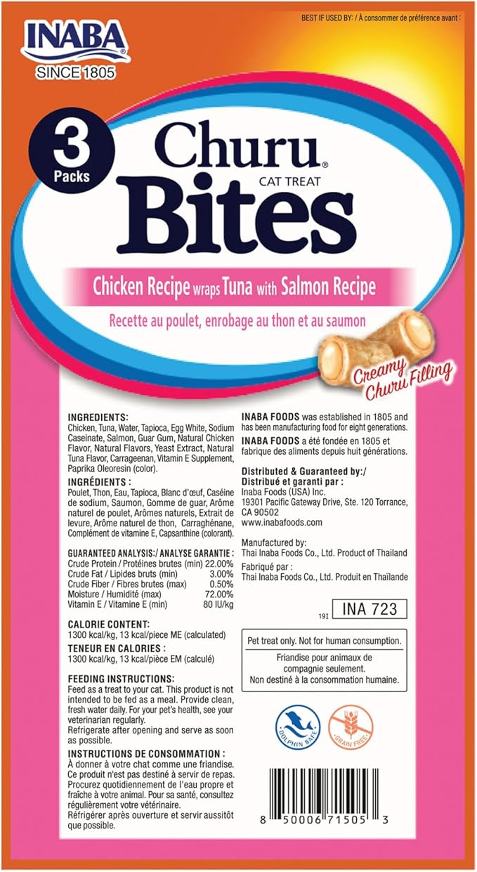 INABA Churu Bites for Cats, Soft Baked Chicken Churu Filled Cat Treats with Vitamin E, 0.35 Ounces Each Tube, 24 Tubes Total (3 per Pack), Tuna with Salmon Recipe