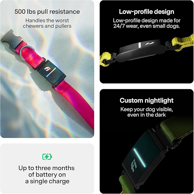 New Fi Series 3+ Smart Dog Tracker Collar [6 Month Membership Included] GPS Tracker for Dogs with Health & Behavior Monitoring, Escape Alerts, Waterproof, LED, Apple Watch Compatible (Pink, X-Large)