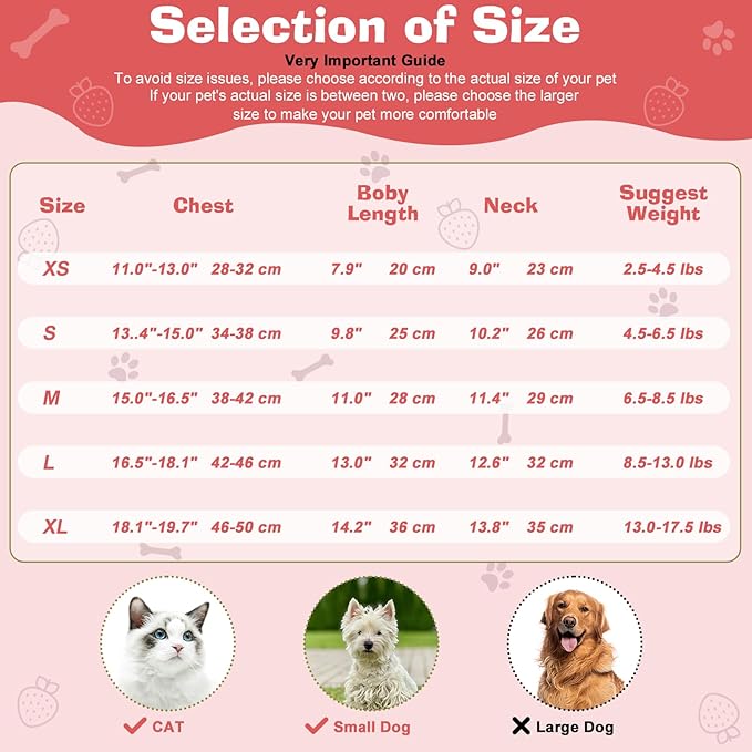 2-Piecs Cotton Detachable Pet Cat Dog Collar with Strawberry Pendant and Bell + 1-Piece Small Dog Cat Dress, Girl's Cat Costume, Cute Bow-Decorated Outfit, Strawberry Print Pet Birthday Set (Medium)