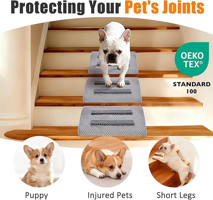 Dog Ramp for Stairs with Anti-Slip Bump for Small & Senior Dogs and Cats – Stair Wedges for Dogs with Gentle Slope, Pet Ramp with Washable Cover & Self-Sticky Pads for Safe Climbing (Gray, 3 Pack)