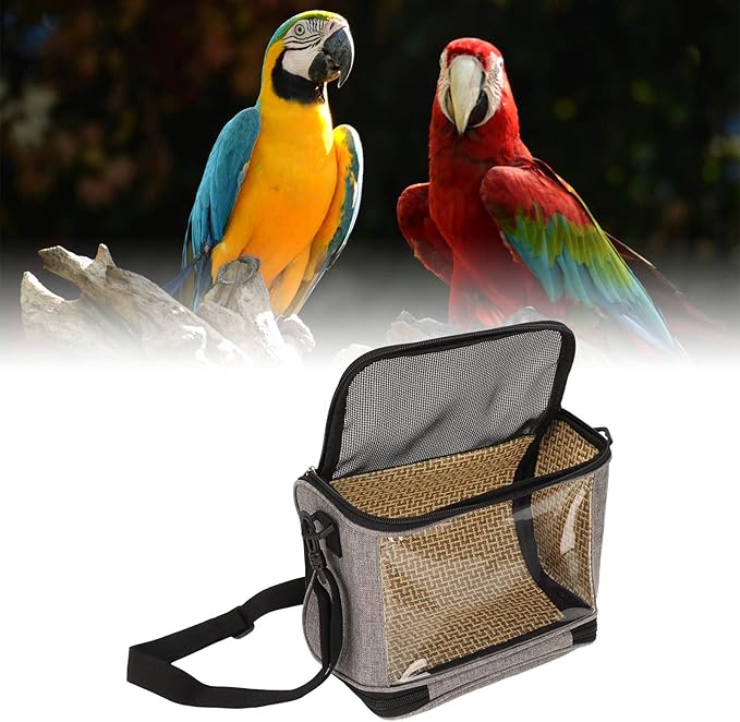 Transparent Bird Carrier Bag, Portable Lightweight Parrot Travel Cage for Cockatiels Parakeets, Breathable Backpack with Side Pockets and Rattan Weave for Small Birds (Grey)