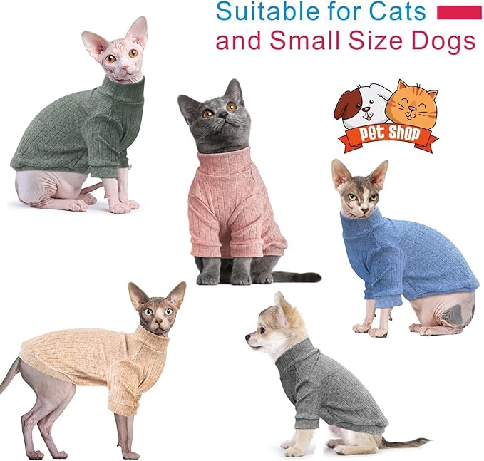 Idepet Sphynx Hairless Cats Sweater Shirt Kitten Soft Puppy Clothes Pullover Cute Cat Pajamas Jumpsuit Cotton Apparel Pet Winter Turtleneck for Cats and Teacup Chihuahua(2 Pack-Blue&Pink,XXL)