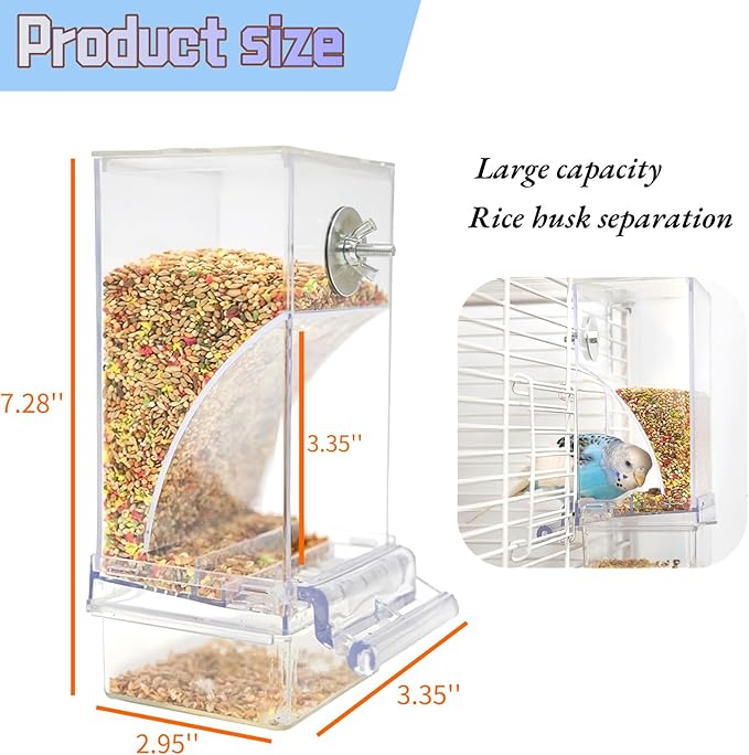 2Pcs Automatic Bird Feeder for Cage No Mess Parakeet Feeder Seed Food Container Feeding Station Cage Accessories for Small Birds Parrot Cockatiel Canary Lovebirds
