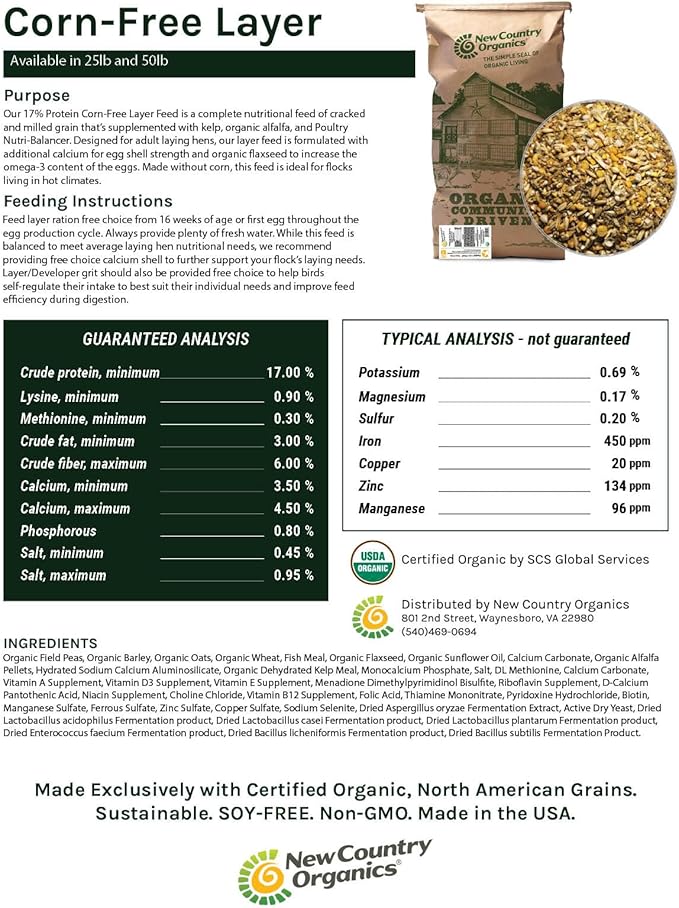 New Country Organics | Corn-Free Classic Layer Chicken Feed for Laying Hens | Corn-Free and Soy-Free | 17% Protein | Certified Organic and Non-GMO Chicken Food | 50lbs Bag