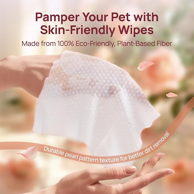 HICC PET Wipes for Dogs and Cats, Vet-Recommended Pets Cleaning Wipes, Deodorizing Hydrating, Nourishes Smoothes Fur, Fermented Coconut Oil Grooming Paws Body and Butt, Horse Skin Coat, Rose, 100pcs
