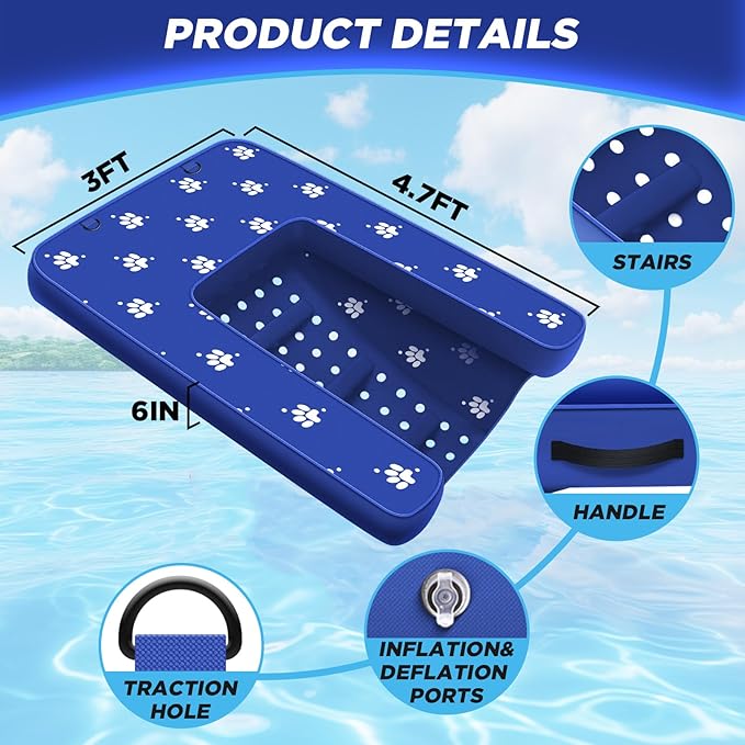 Inflatable Dock Platform with Electric Pump, Dog Boat Ramp Floating Non-Slip Oxford and PVC with Water Ramp for Dogs Pool, Dock, Lake with Traction Rope Dark Blue (4.7ft x 3ft x 6in)