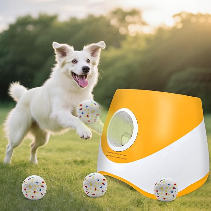 Automatic Dog Ball Launcher for Samll to Medium Dogs, Upgraded Interactive Toy Balls Thrower, Distance Adjustable Mental Stimulating Dog Toys with 4 Etpu Balls 2.2 Inch (Orange)