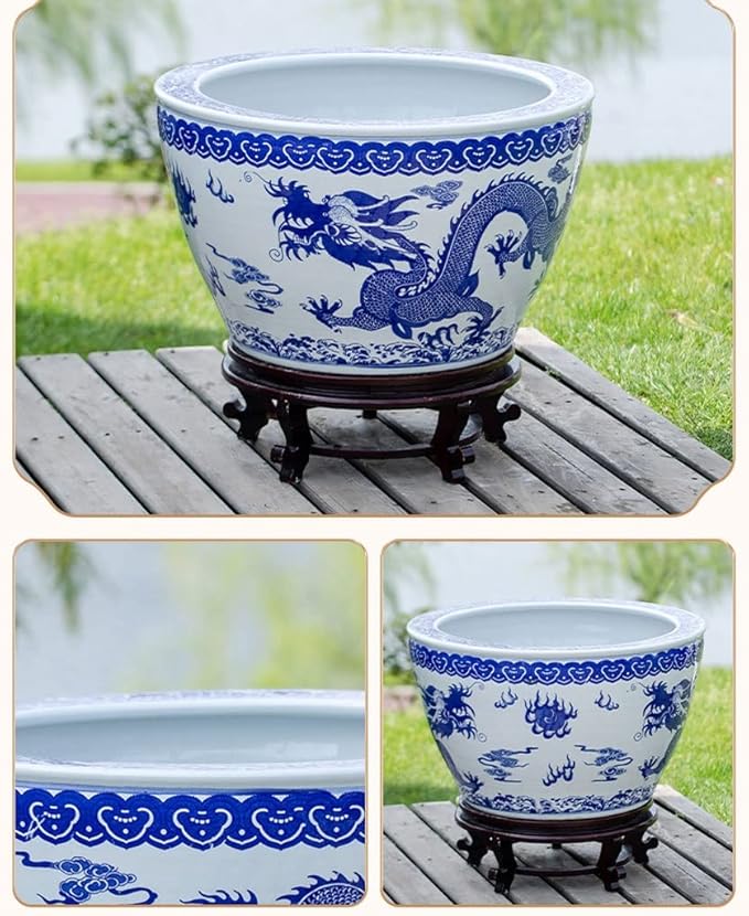 Fish Tabk Chinese Style Blue and White Ceramic Goldfish Bowl Fish Tank Balcony Fish Culture Tank Courtyard Lotus Tank Turtle Tank Aquarium Starter Kits Cool Fish Tank(Color:A,Size:42cm)