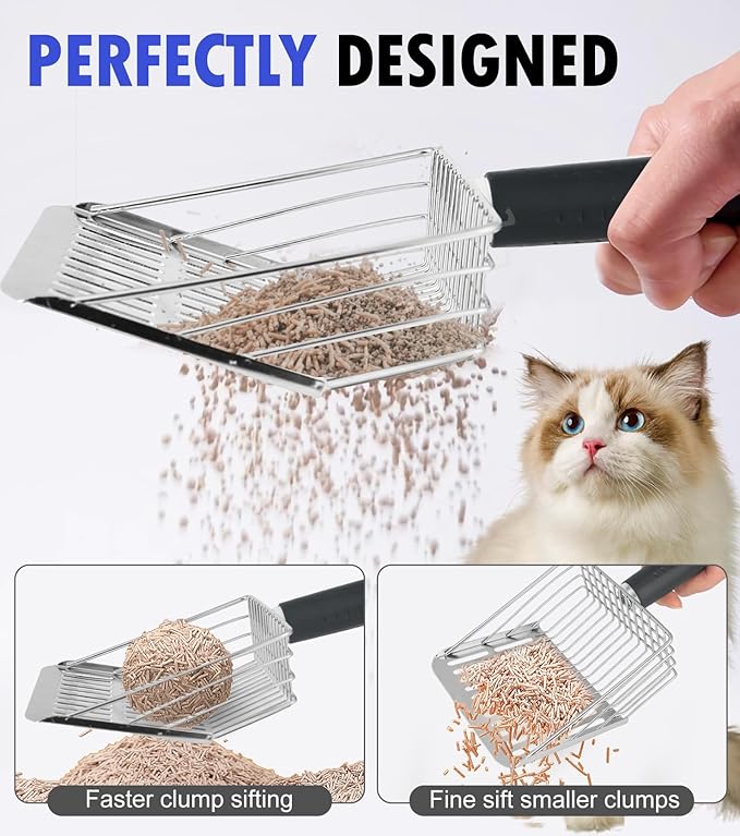 Cat Litter Scoop,Solid and Durable Kitty Metal Scooper,Stainless Steel Sifter,Heavy Duty,for Litter Box,Black Rubber Handle,Included Stainless Steel Hook