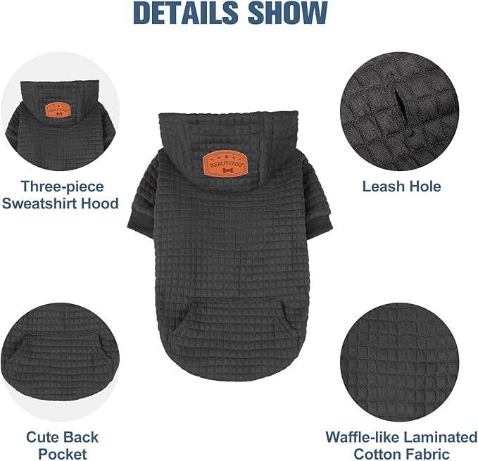 BEAUTYZOO Small Dog Hoodie Sweater with Pockets, Dog Clothes for Small Medium Dogs Boy Girl, Waffle-Like Laminated Cotton Pet Coats with Hat and Leash Hole, Black ML