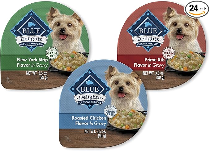 Blue Buffalo Delights Natural Adult Small Breed Wet Dog Food Cups, in Gravy, Chicken, Prime Rib and NY Strip 3.5-oz (24 Pack- 8 of Each Flavor)