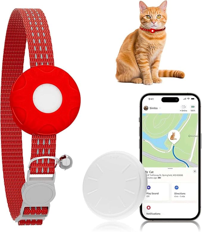 GPS Tracker for Cats, Cat GPS Tracker Compatible with Apple Find My App (Only iOS), No Monthly Fee Cat Tracker, Waterproof (White Tracker, Red Cat Collar)