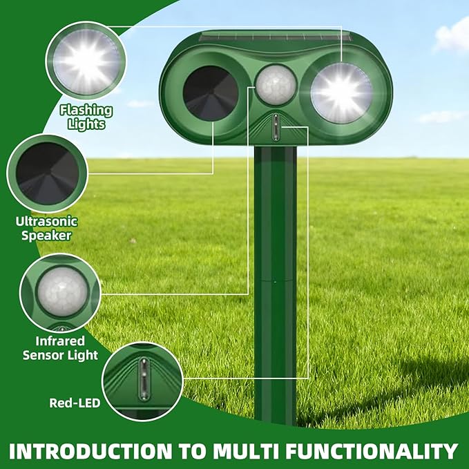 Upgraded Ultrasonic Animal Repeller,Solar Powered Cat Repellent Outdoor,Deer Deterrent with LED Flashing Motion,Sensor and Sound,Waterproof Bird Repeller for Dog Fox Garden Patio Dark-Green