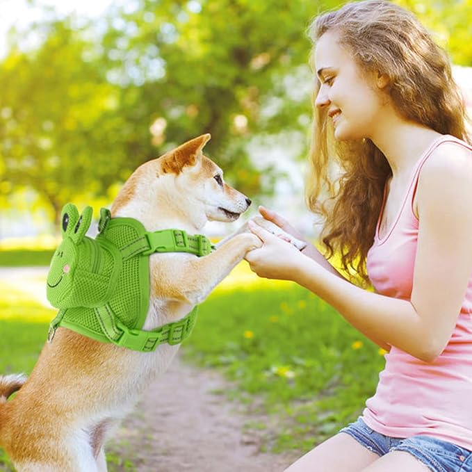 Dog Harness with Backpack, Adjustable Dog Backpack Harness for Small Medium Dogs, No-Pull Breathable Backpacks for Dogs to Wear, for Traveling, Hiking, Camping, Training, Green Frog L