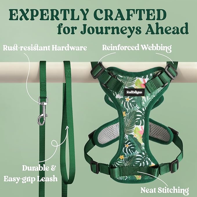 rabbitgoo Cat Harness and Leash for Walking, Escape Proof Soft Adjustable Vest Harnesses for Cats, Easy Control Breathable Reflective Strips Jacket,Rainforest Green,M