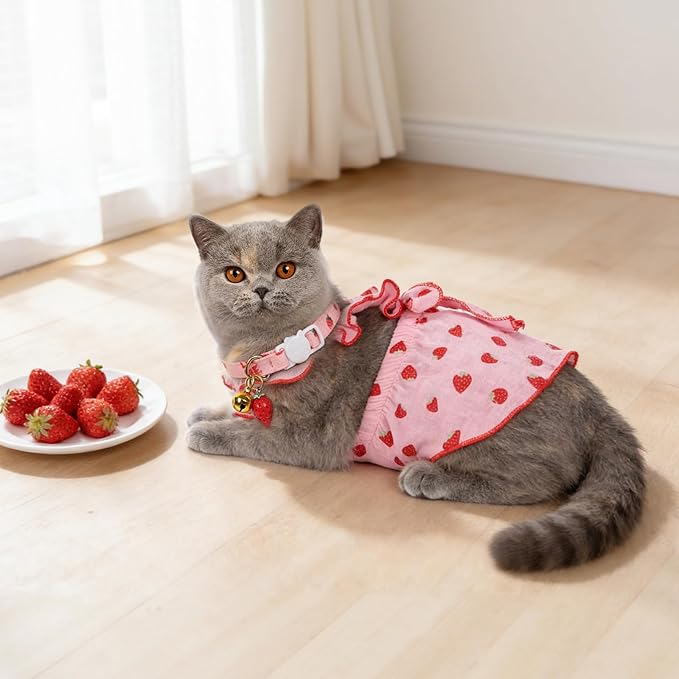 2-Piecs Cotton Detachable Pet Cat Dog Collar with Strawberry Pendant and Bell + 1-Piece Small Dog Cat Dress, Girl's Cat Costume, Cute Bow-Decorated Outfit, Strawberry Print Pet Birthday Set (Large)