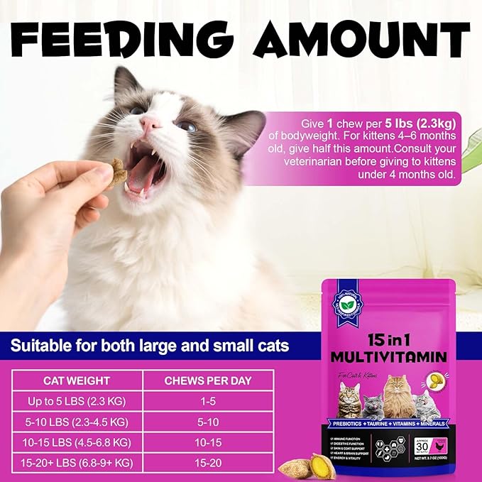 Cat Multivitamin Chews, 15-in-1 Multivitamin Cat Treats for Heart Health, Joint, Skin & Coat, Immune Digestive Support, Supplements & Vitaminsfor Cats, Chicken Flavour (30-Day Supply)