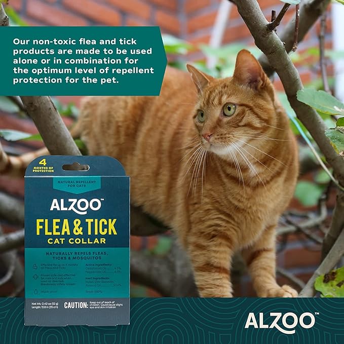 ALZOO Natural Flea & Tick Cat Collar, Helps Repel Fleas, Ticks & Mosquitoes, Plant-Based Active Ingredients, Phthalates and PVC Free, Up to 8 Months Protection, Pack of 2