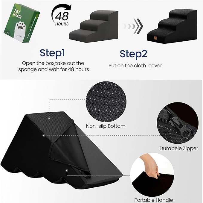 gogobunny Ramp Cat Dog Stairs for Beds, Cat Slope Stairs with Durable Waterproof Fabric Cover, Pet Steps for Old Large Dogs Climbing (Black, 3-Step (22.4" D x 15.7" W x 15.7" H), 3)